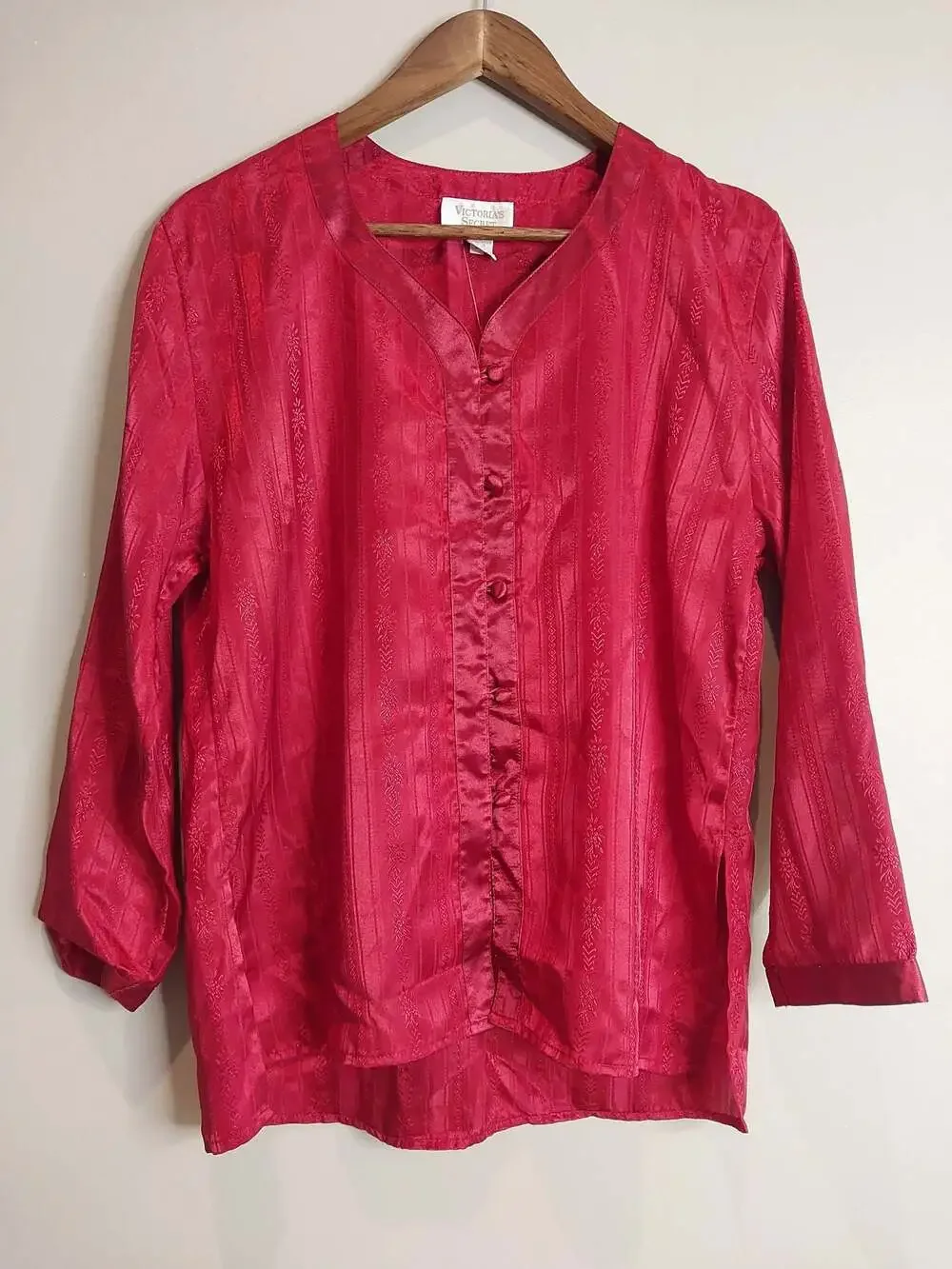 Vintage Victoria's Secret Gold Label Button Front Satin Red Brocade Sleep Shirt
